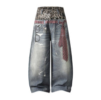 Leopard-print, Two-piece-look Washed And Distressed Denim Jeans