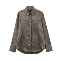 Womens Multi-Colored Shirt With Pocket Detail Lapel Collar And Silk-Satin Texture