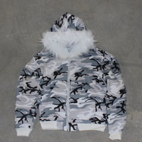 Black Zipper Divided Print Fleece Hooded Sweatshirt