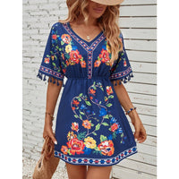 Bohemian Retro Ethnic Print Temperament Waist-controlled Slimming And Short Holiday Dress