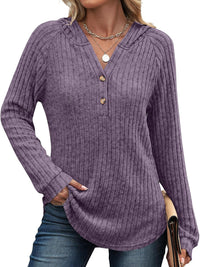 Solid Color And V-neck Button Loose Hooded Fleece Knitted Top