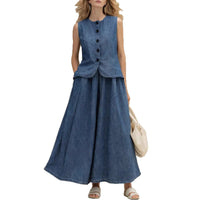 Womens Crew-Neck Denim Top And High-Waist A-Line Skirt Denim Set