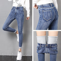 Dark Blue Jeans Women's High Waist Spring Stretch Slimming Skinny Close-fitting Fleece