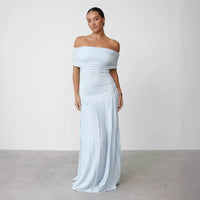 Off-shoulder Boat-neckline Figure-hugging Pleated Tube Dress