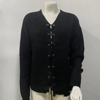 Solid Color And V-neck Hollow Out Tied Knitted Sweater