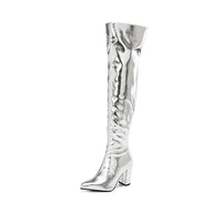 Shiny Gold Patent Leather Chunky-heeled Over-the-knee Boots