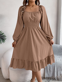 Women's Casual Solid Color Square Neck Long Sleeve Tie Waist Ruffle A-Line Dress