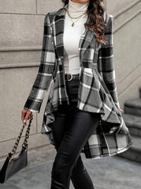 Plaid Pattern Button Front Jacket Long Sleeve High And Low Flared Jacket