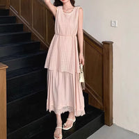 Lace-spliced Faux Two-piece Vest Dress For Curvy Ladies