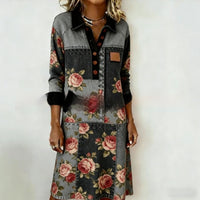 Womens Crew-Neck Pocketed Fashionable Elegant Contrast-Piece Joint Dress