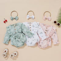 Girl's Long Sleeve Sweet Cute Three-color Cotton Jacquard Flounced Sleeve Triangle Rompers