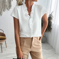 Casual Simple Stringy Selvedge Short Sleeve Women's Shirt
