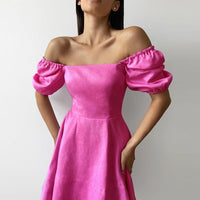 Womens New Elegant Square-Neck Short-Sleeve High-Waist Dress