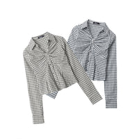 Plaid Pleated Design Shirt Womens Short Slim-Fit Long-Sleeve Top In A Sassy Style