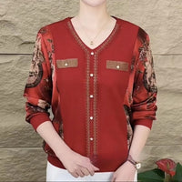 Women's Long-sleeved T-shirt V-neck Rhinestone Mom Wear Loose Belly-covering Slimming Top