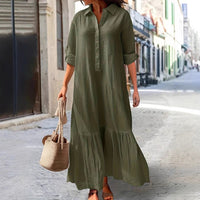 Long Asymmetrical Cotton Linen Dress With A Shirt Collar And Twist Buttons