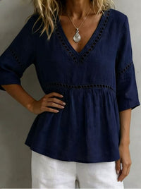 Solid-color V-neck Hollow-out Casual Fringed Top