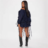 Solid Color Loose Off Shoulder Drawstring Long Sleeve Denim Skirt