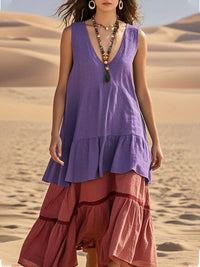 Women's Casual V-Neck Sleeveless Patchwork Dress
