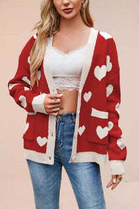Heart Peach Knitted Cardigan Pocket V-neck Common Style Coat