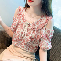 Women's Floral Short-sleeved Chiffon Blouse Off-shoulder Sweet Shirt