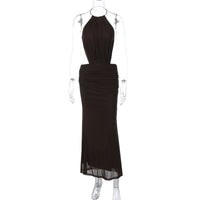 Metal Ring Halter Neck Sexy Backless Tie-waist Long Dress
