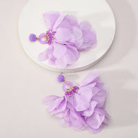 Bohemian Handmade Fabric Chiffon Flower Dangle Earrings For Women Tropical Beach Vacation Party Oversized Statement Jewelry