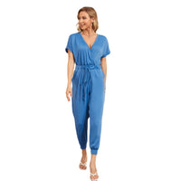 Cross V-Neck Short Sleeve Tie Pocket Casual Jumpsuit