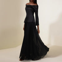 Off-shoulder Long-sleeve Slim-fit Black Patchwork Dress