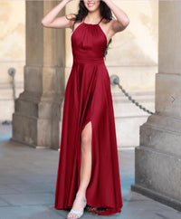 Solid Color Pleated Strapless Sleeveless Sexy Backless Lace-Up Maxi Split Evening Gown