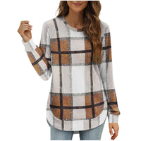 Women's Casual Loose Plaid Long Sleeve Round Neck Irregular Bottoming Shirt Top