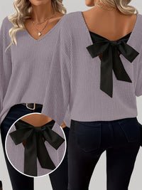 Contrast-color Satin Ribbon Bow Backless Drop-shoulder Long-sleeve Top