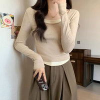 Pure Desire Style Long Sleeve Color-blocking U-neck Irregular Inner Top