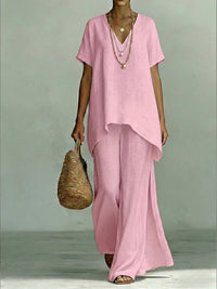 V-neck Short-sleeve Fashionable Loose Top And Wide-leg Pants Set