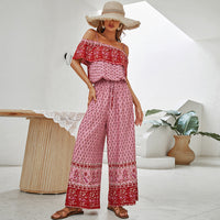 Red Print Panel Casual Long Ladies Jumpsuit