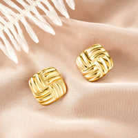 Oval Stainless Steel Earrings, Trendy Geometric Heart Texture, 18K Gold Plated Ear Studs, Titanium Steel