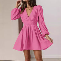 V-neck Waist-cinching Pleated Skirt With Ruffled Hem French Style