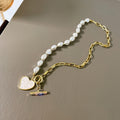 Womens Metallic Spliced Asymmetric Heart Pearl Necklace