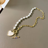 Womens Metallic Spliced Asymmetric Heart Pearl Necklace