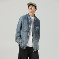 Retro Washed Distressed Zipper Couple Casual Denim Coat