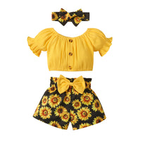 Baby Cute Printed Shorts Suit Short Sleeve T-shirt Pants Headscarf Three-piece Set