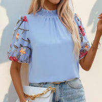 Embroidered Mesh Stitching Short-sleeved Shirt