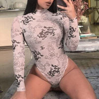 Women's See-through Gauze Screen Printing Bottoming Jumpsuit
