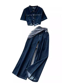 Womens Single-Breasted Short Denim Jacket And Wide-Leg Pants Set