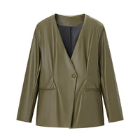 Women's Long-sleeved V-neck Leather Jacket