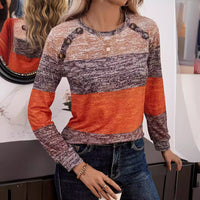 Color Block Printed Button Long Sleeve Round Neck