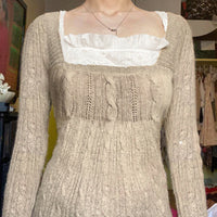 Retro Low Collar Square Collar Twisted Khaki Sweater