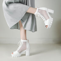 Womens Plus Size Mesh Peep Toe Chunky Heel Sandals With Thick Soles And High Heels