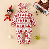Christmas Deer Pine Printed Long-sleeved Long-leg Romper