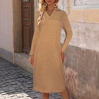 V-neck Long-sleeve Dress For Women Simple Solid-color Casual Style With A Slit